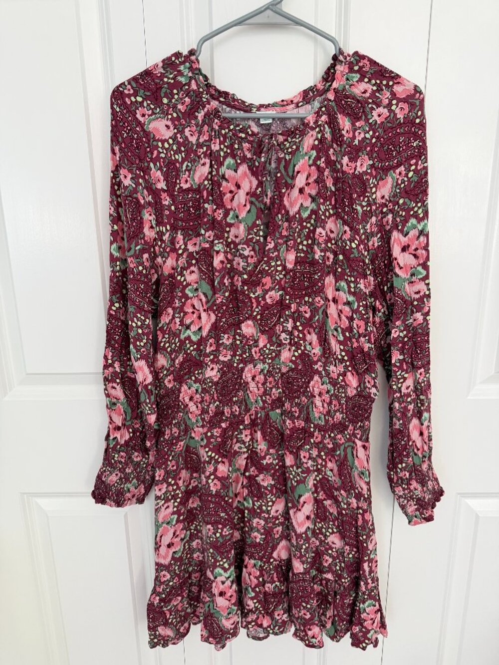 Aerie Smocked Waist Long Sleeve Bohemian Floral Dress Womens Large Mini Dress